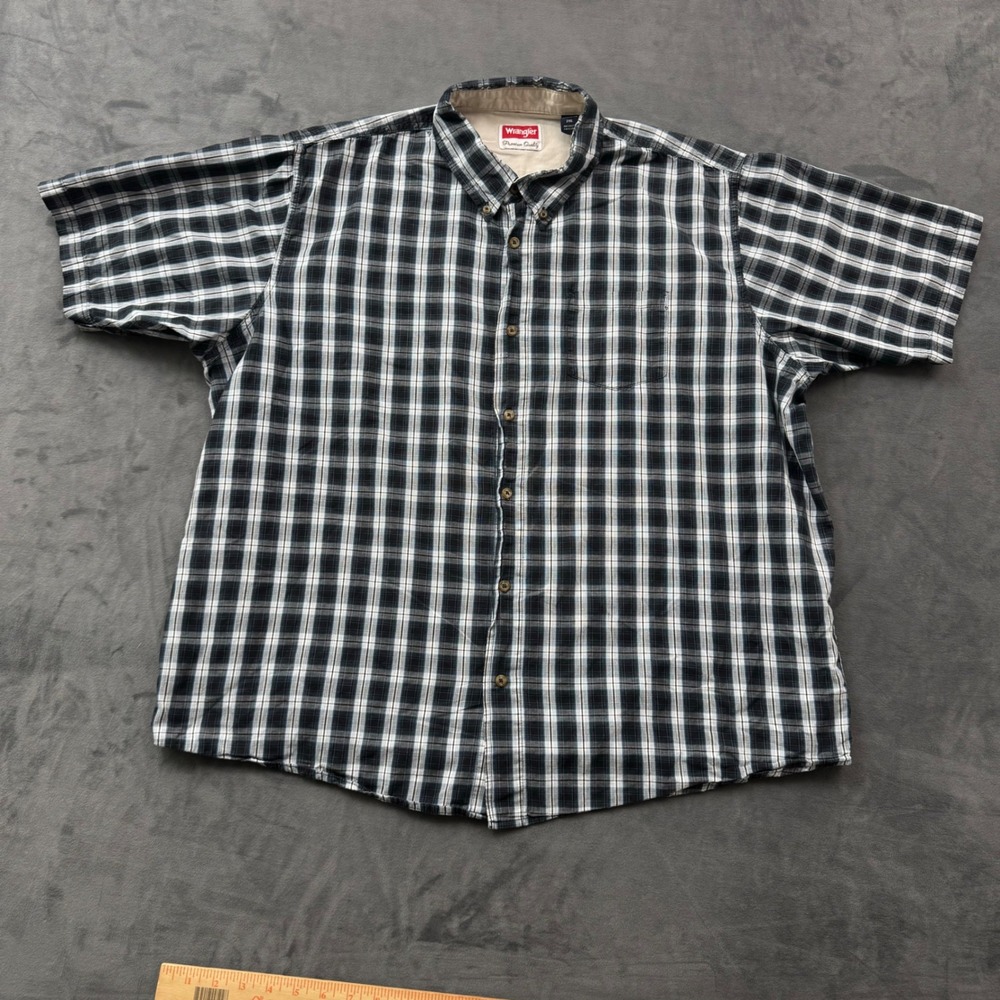 Wrangler Mens 2XL Black White Plaid Short Sleeve Button Down Cotton Shirt